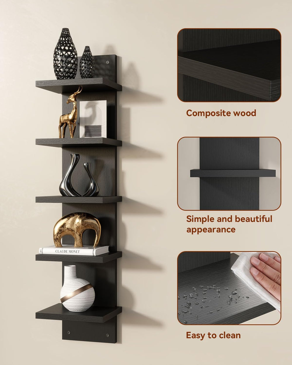 IBUYKE 5 Tier Wall Shelf Unit,Floating Storage Shelf Black WBC009B-2