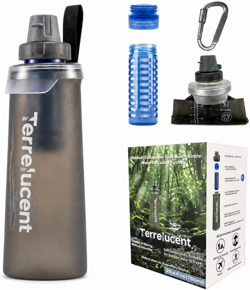 Collapsible Water Bottle with Filter, 25.4oz/750mL, BPA-Free Gray TPU