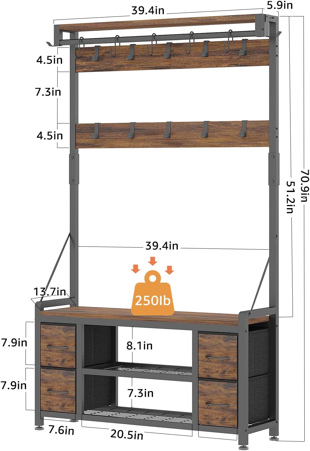 39" Hall Tree with Storage Coat Rack freestanding Entryway Furniture Ben...