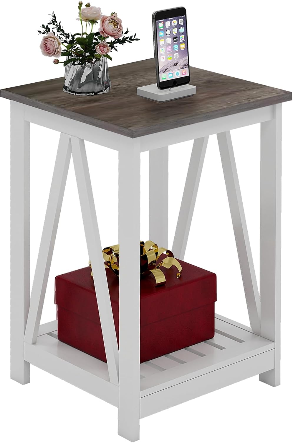 End Table, Farmhouse Square Side Table with Slat Shelf, 15.7" Dark Grey