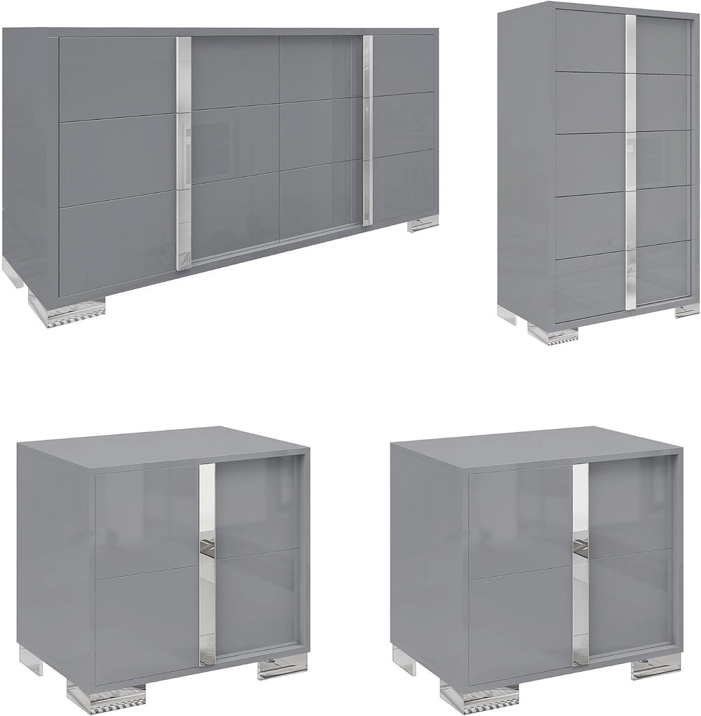 AMERLIFE 4-Piece Bedroom Dresser Set with Storage, High Gloss, Grey