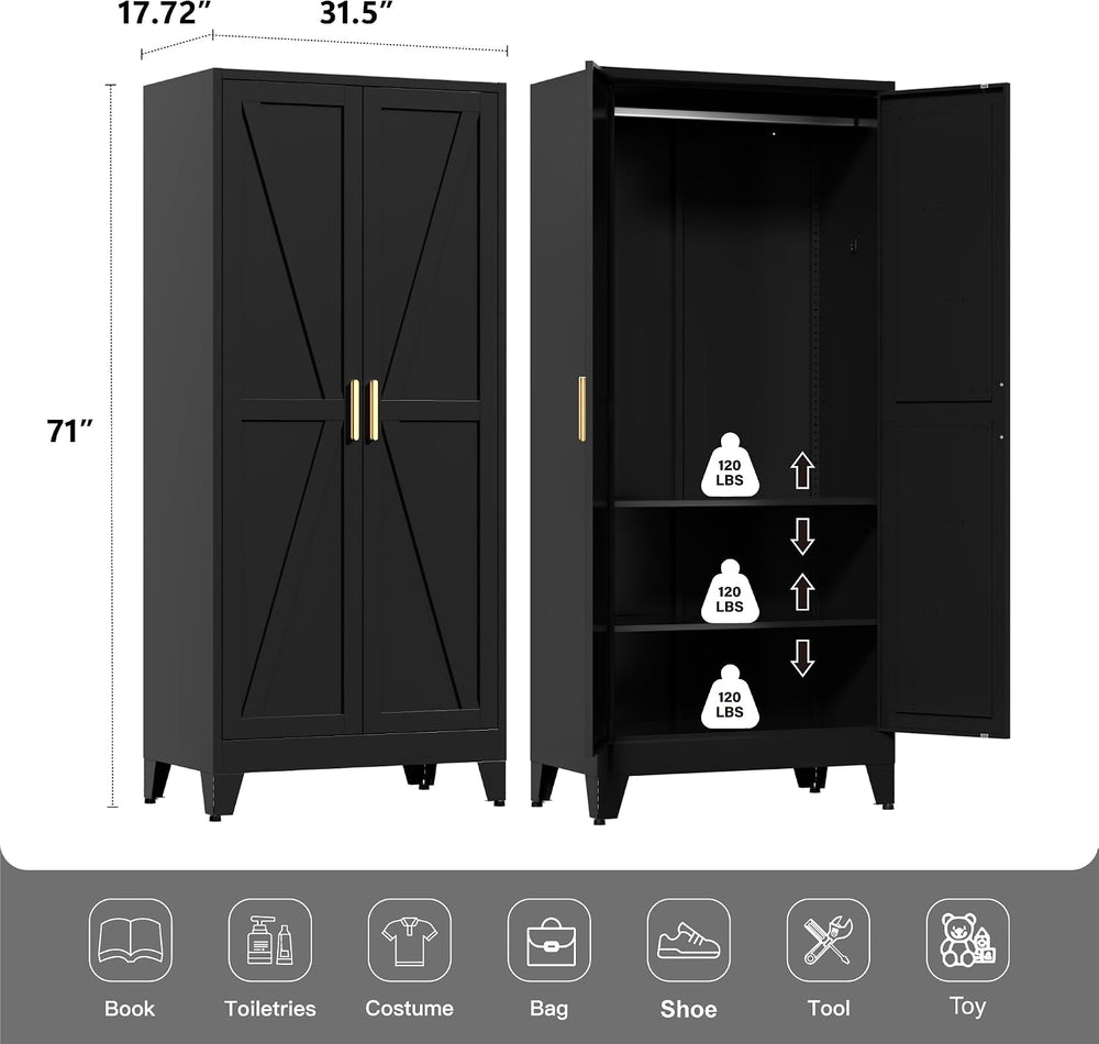 LCAOPC 71" Tall Metal Wardrobe Closet with Adjustable Shelves and Hangin...