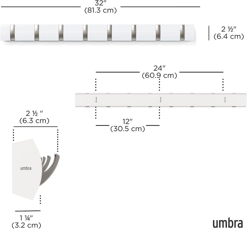 Umbra Flip Coat Rack, Wall Mount 8-Hook, Space Saving, White