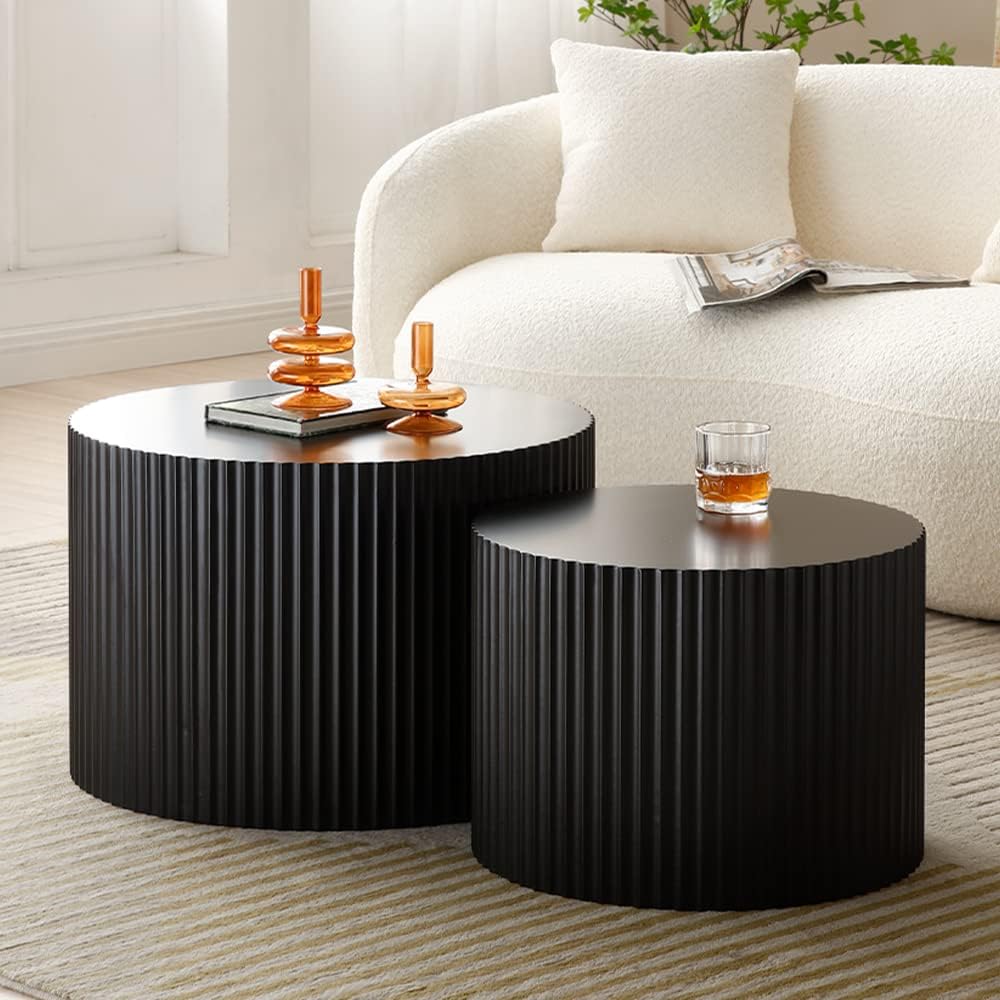 WILLIAMSPACE Black Round Nesting Coffee Table Set of 2, Modern Wooden Center ...