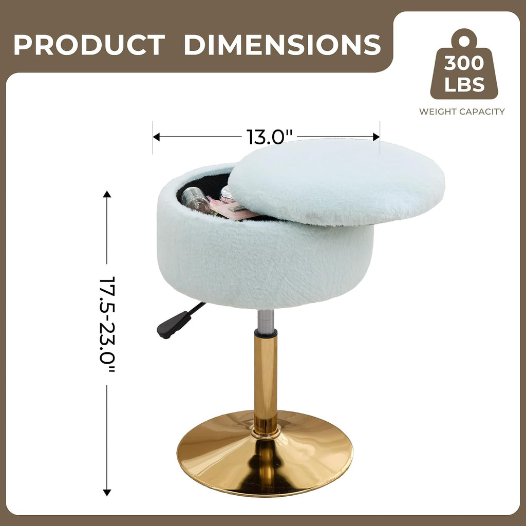 Vanity Chair with Storage Adjustable Stool for Vanity Swivel Vanity Stool Ottoman Gold Base Pale Green