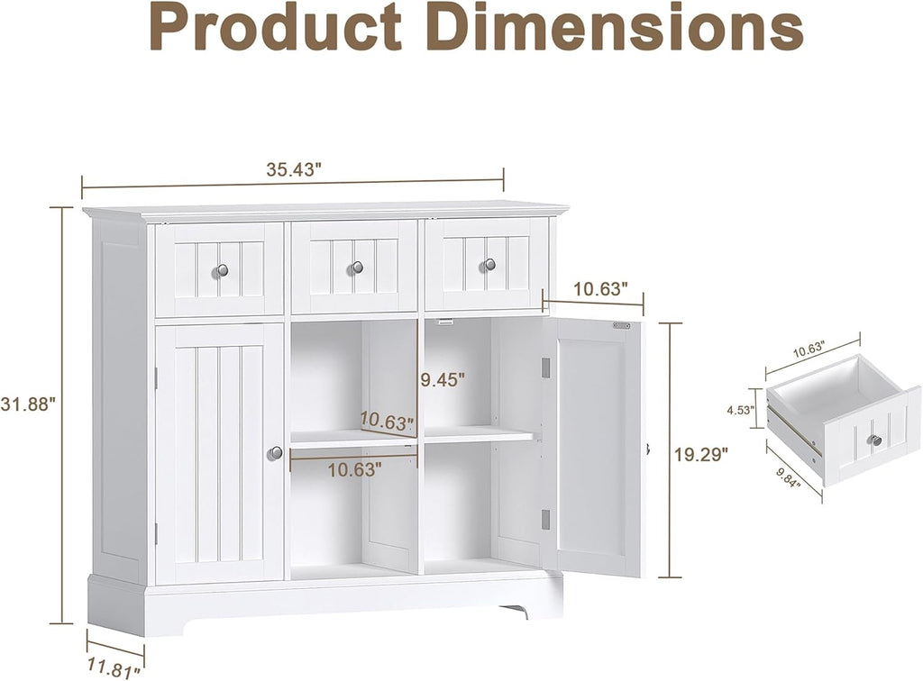 ChooChoo 35.4" Coffee Bar Cabinet with 3 Drawers and 2 Doors, White