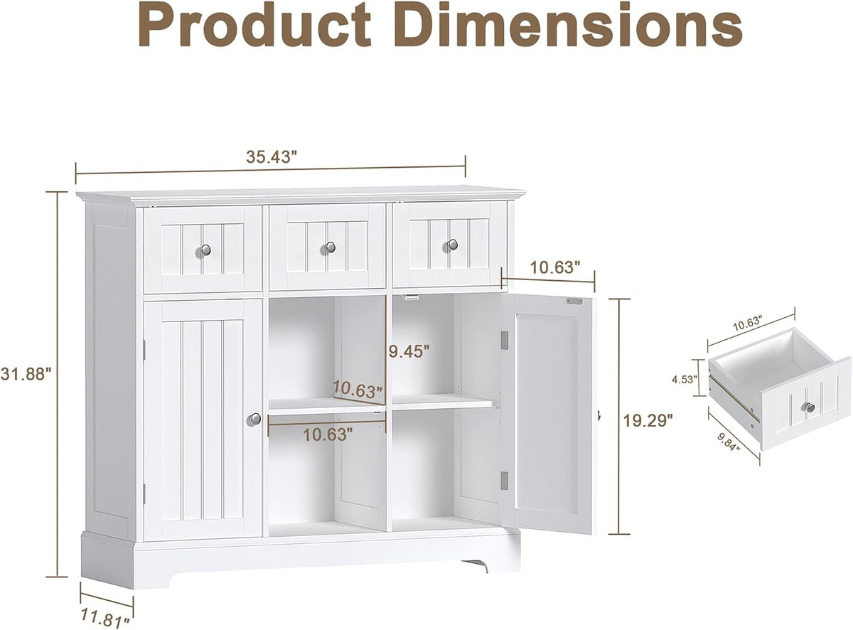 ChooChoo 35.4" Coffee Bar Cabinet with 3 Drawers and 2 Doors, White