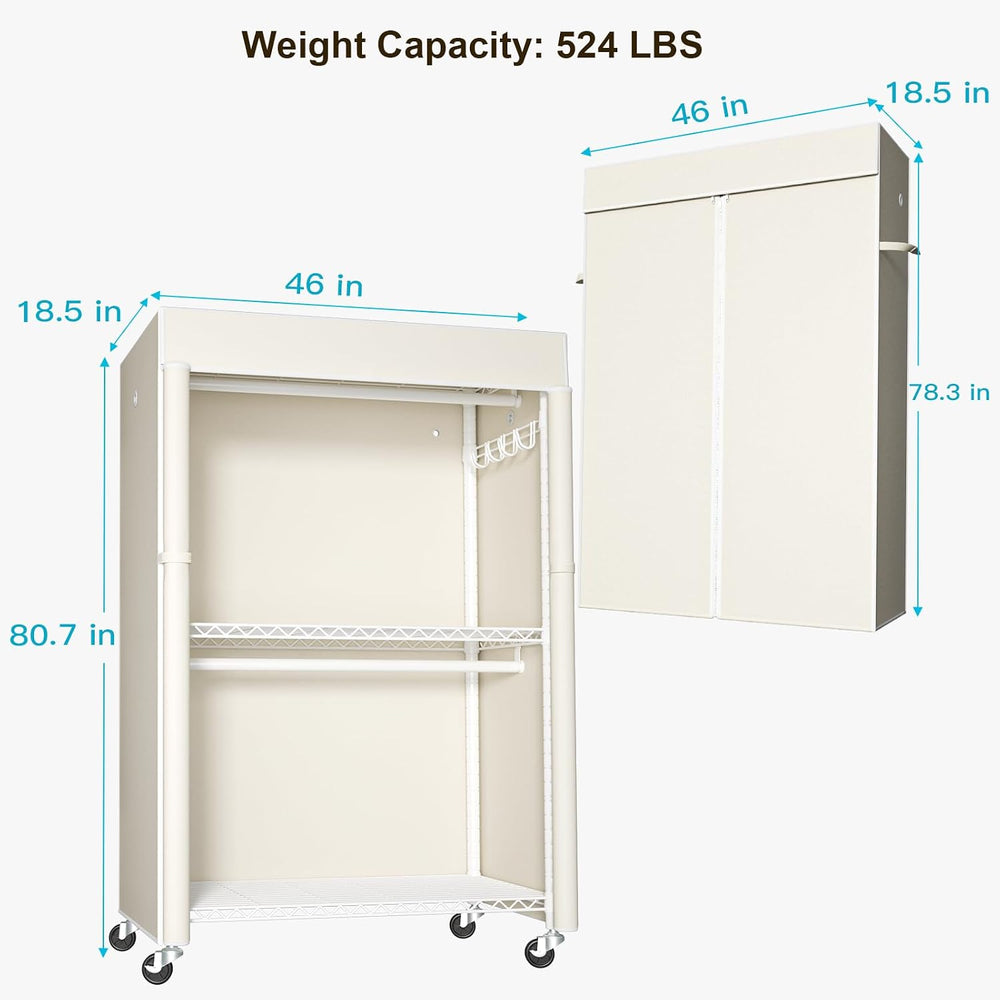 FUTASSI White Clothing Rack with Beige Cover, P1C Plus Rolling Closet