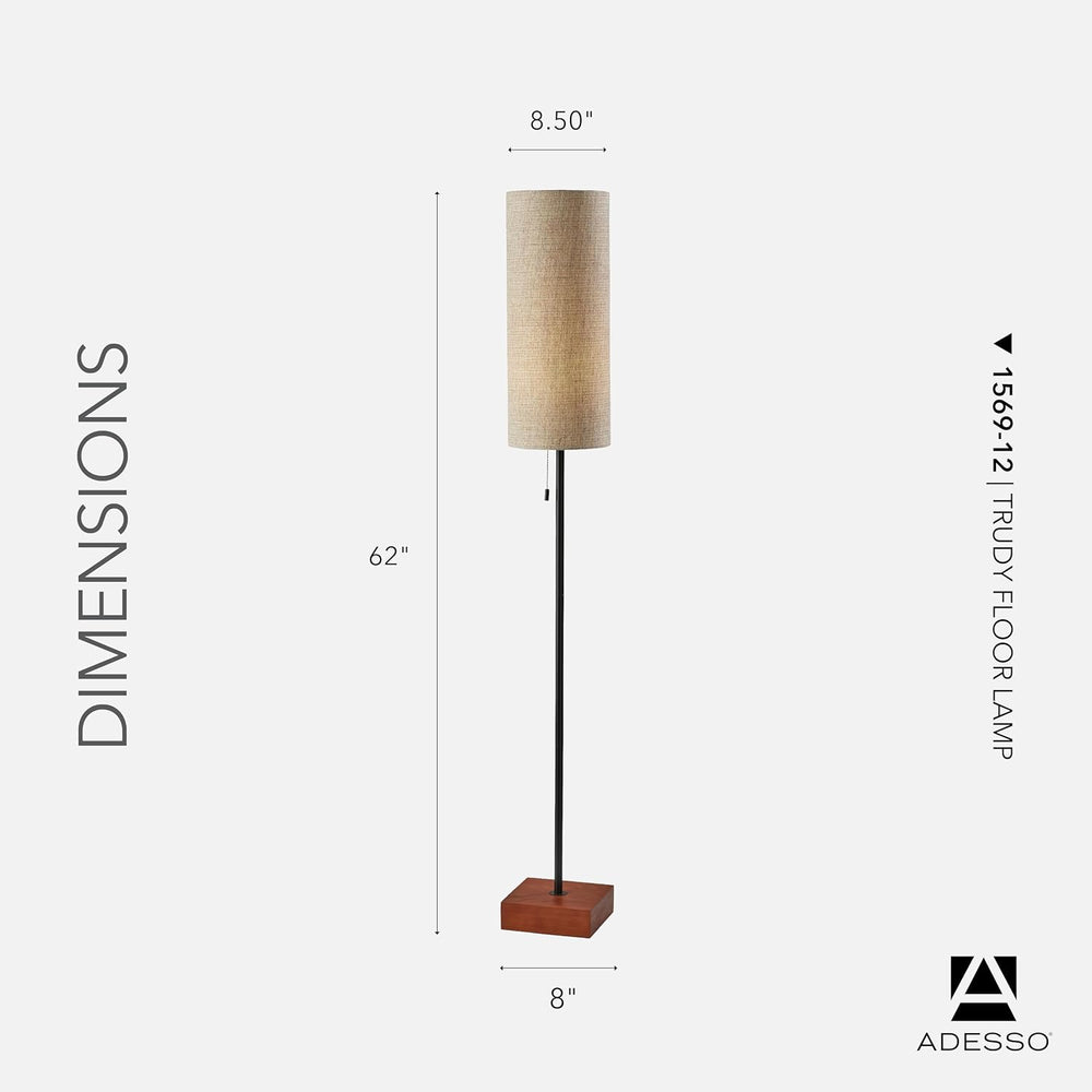 Adesso Floor Lamp, Walnut, Black & Beige Fabric, Modern, 62”