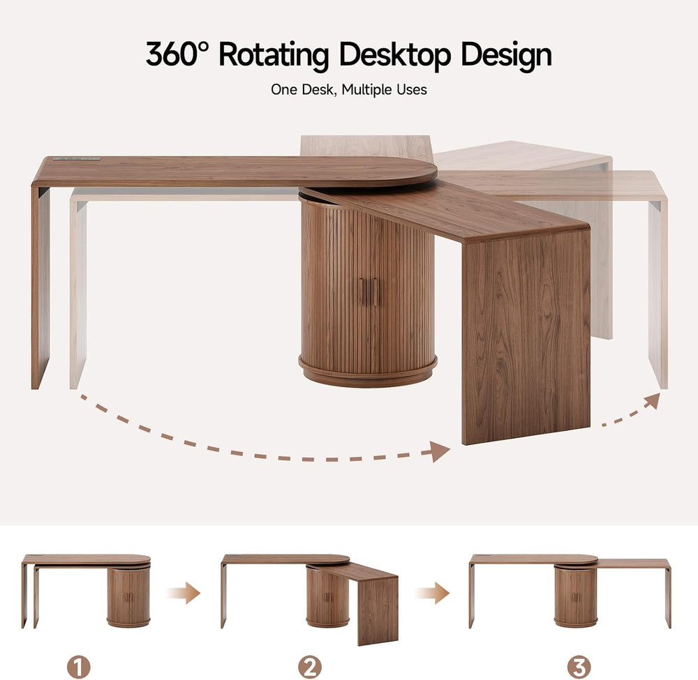 ONBRILL 60 in L Shaped Desks,360° Rotating Swivel Corner Desk,Walnut