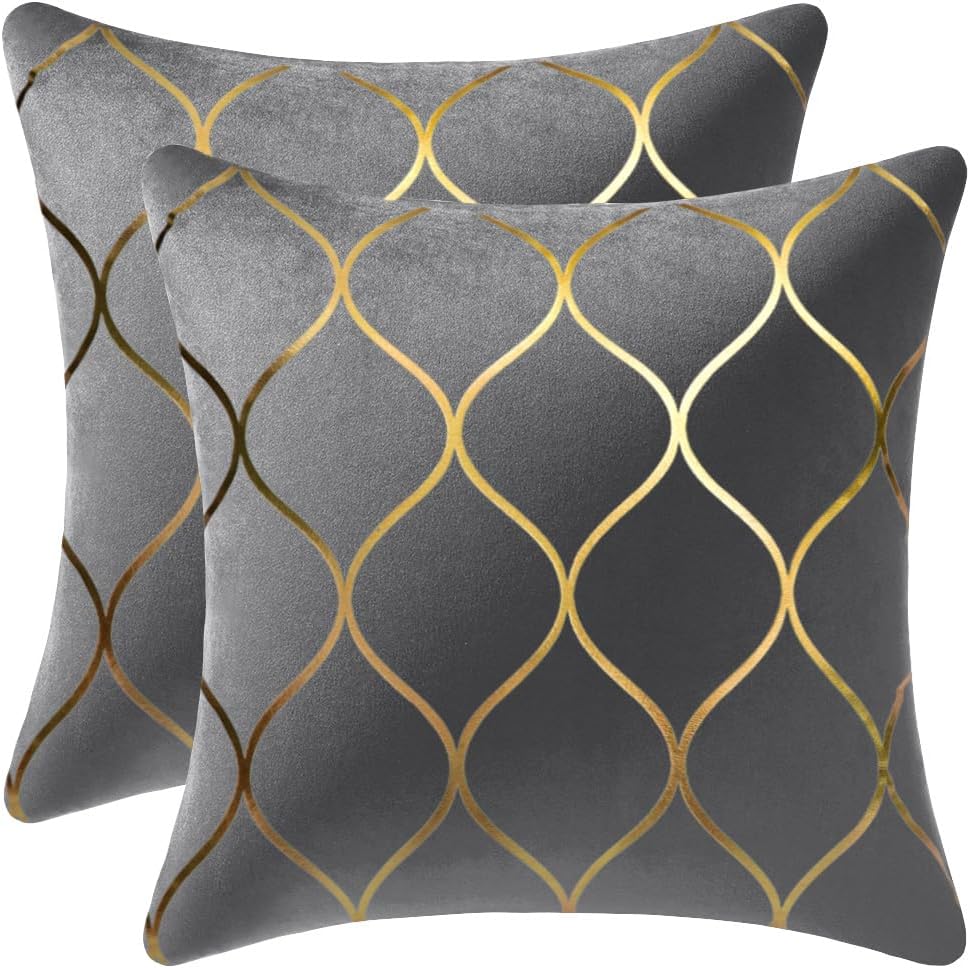 DEZENE Gold Velvet Throw Pillow Covers: 2 Pack 24x24 Inch Square Decorative P...