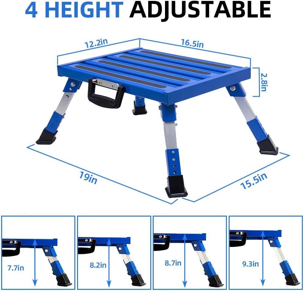 Homeon Wheels Adjustable RV Step Stool, Folding Aluminum Legs, Blue