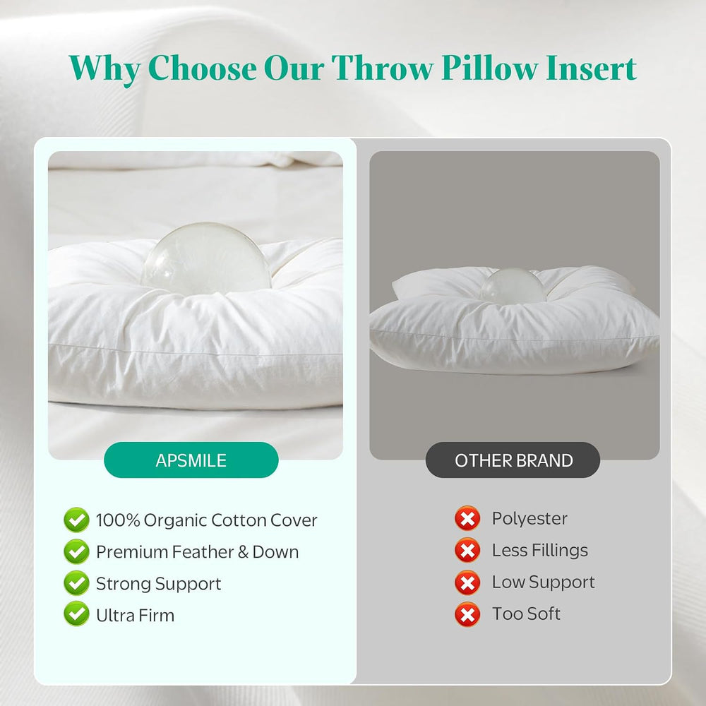 APSMILE Down Feather Throw Pillow Inserts, 18x18 Pillows Set of 2 with Organi...