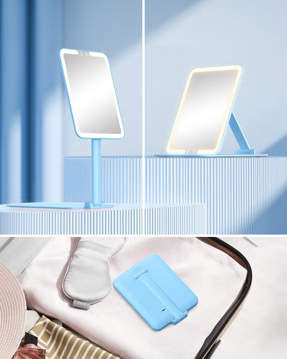 Gospire Travel Makeup Mirror with 3 Lights and Magnification 10X, Blue