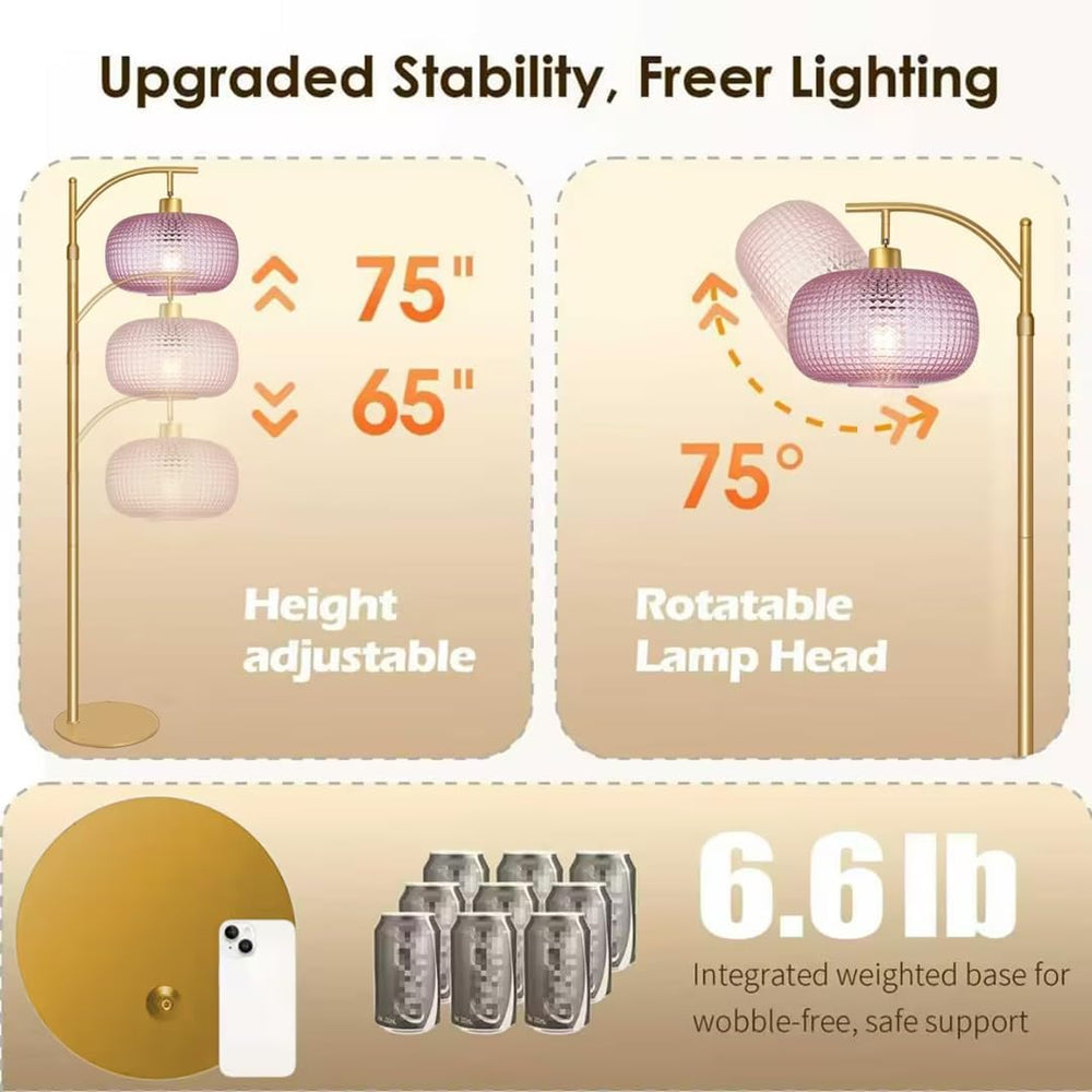 Glass Floor Lamp for Living Room,Modern Standing Lamp with Pink Lamp Shade