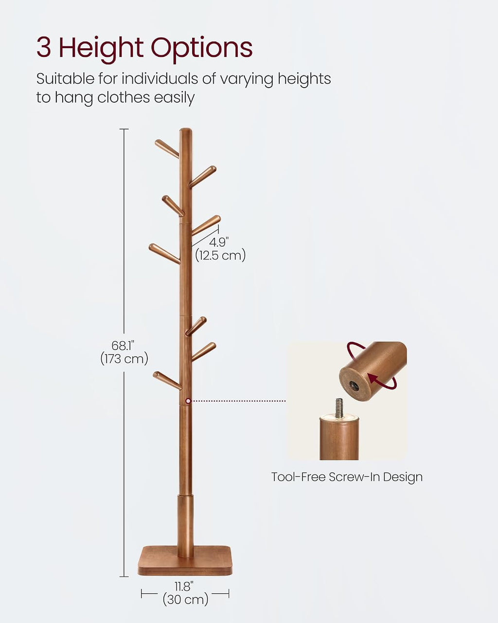 VASAGLE Solid Wood Coat Rack, Free Standing, 8 Hooks, 3 Height Options