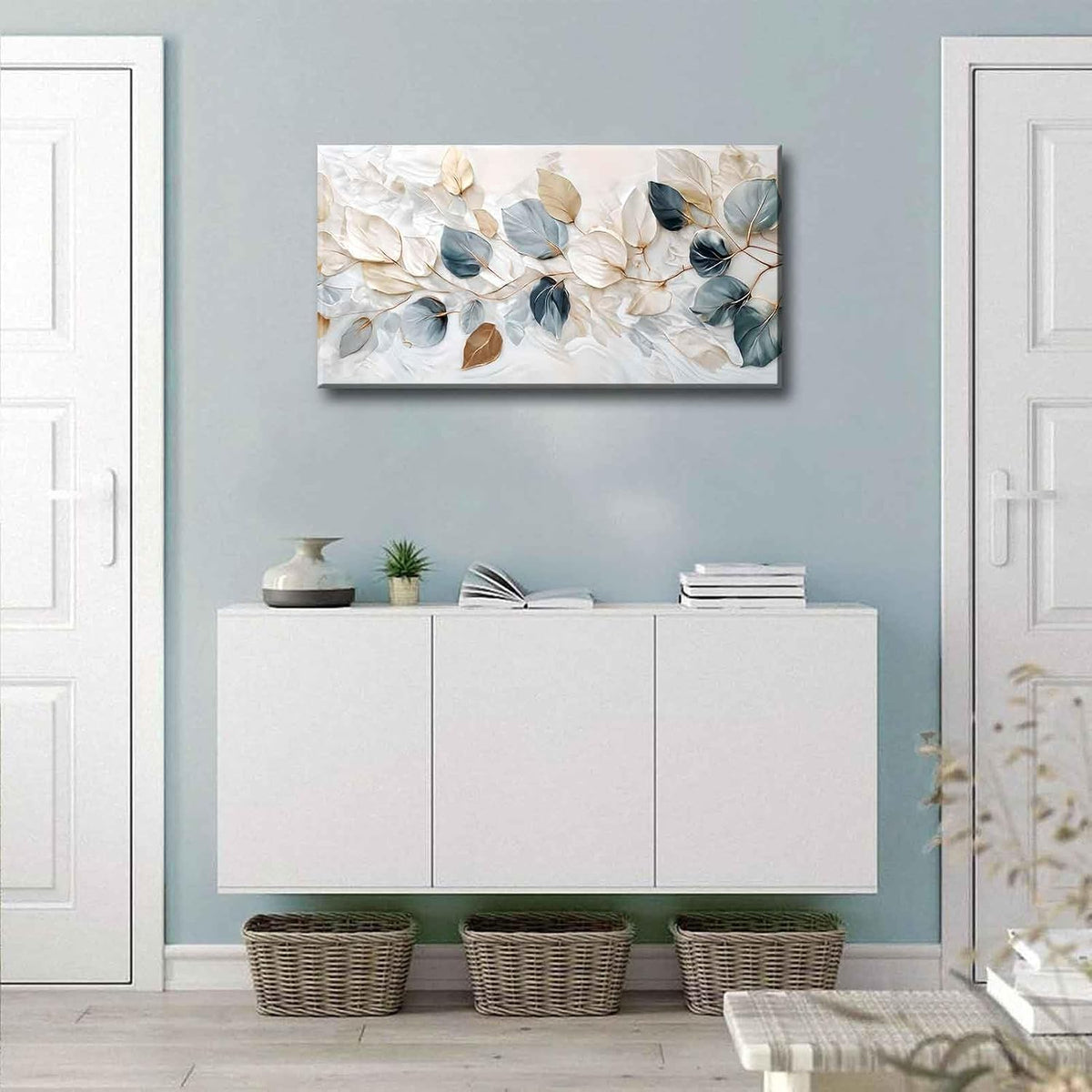 Large Living Eucalyptus Leaf Canvas Wall Art Teal White Botanical Abstract Decor painting Pictures Modern Nordic Plant Flowers Posters Prints for Bathroom Bedroom Office Hallway Home Decoration