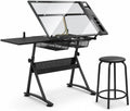 Athena Collection Glass Drafting Table W/Stool, Tilting Art Desk, Black
