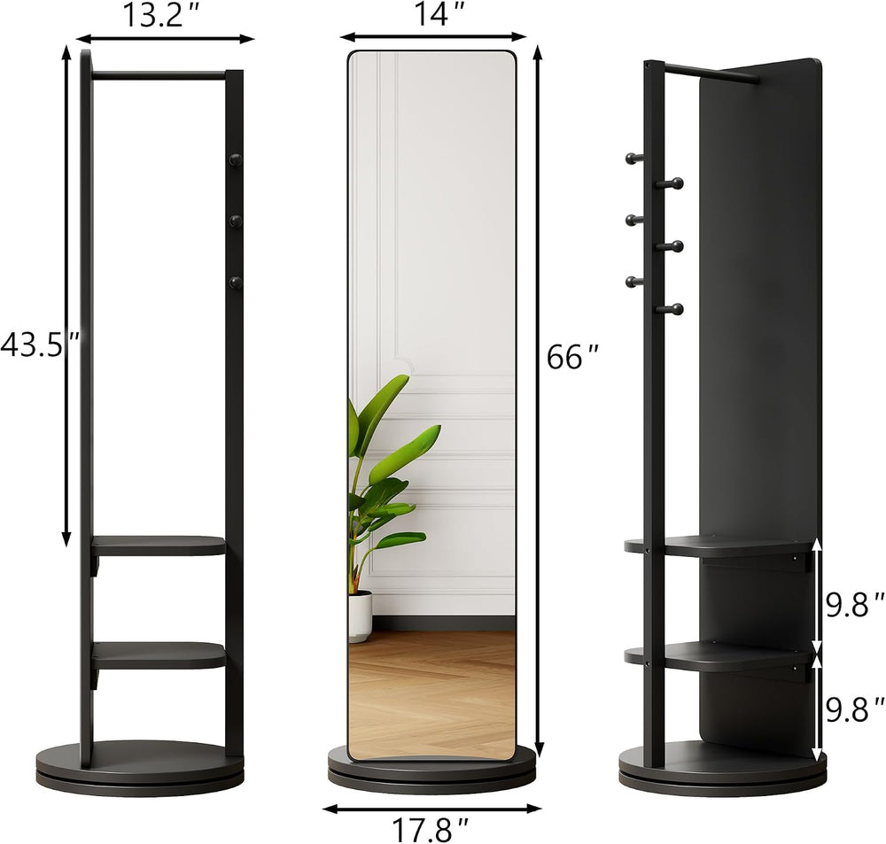 66" 360° Rotating Full Length Mirror with Hooks & Storage Coat Rack