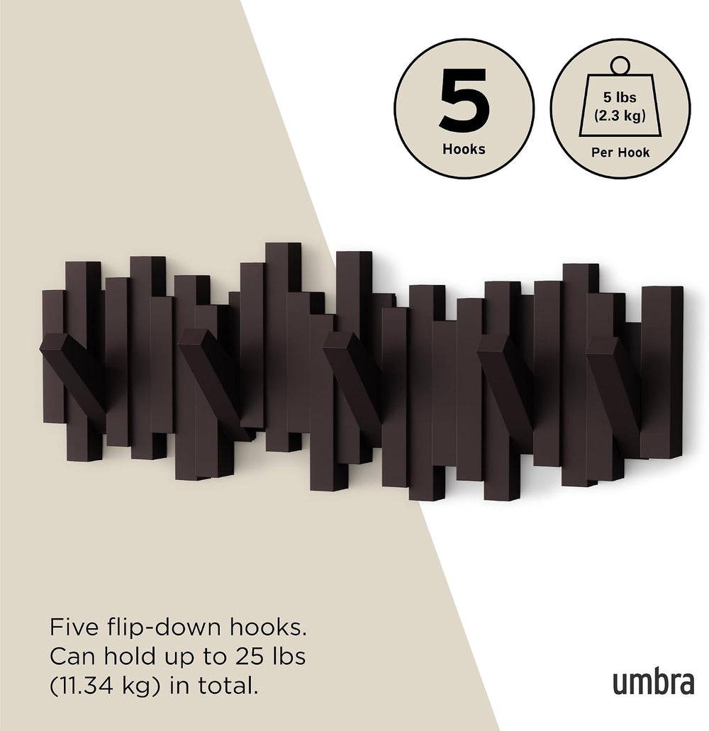 Umbra Sticks Wall Mount Coat Rack, 5 Hook Retractable Pegs, Espresso