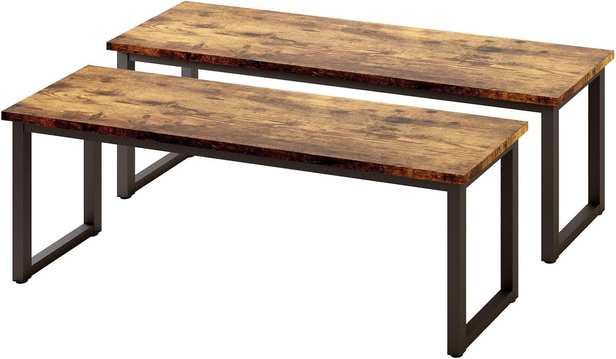 HIPIHOM 43.3" Industrial Bench Set of 2 Antique Wood & Metal | Rustic farmhouse style, MDF top with vintage woodgrain finish, durable matte black metal legs,for dining-entryway-bedroom