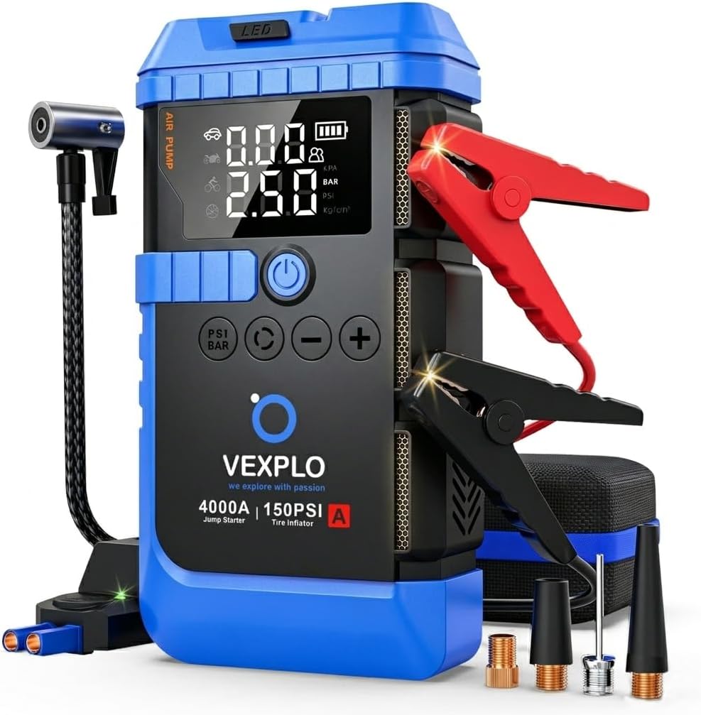 VEXPLO Jump Starter with Tire Inflator Portable Roadside Emergency Car Kit