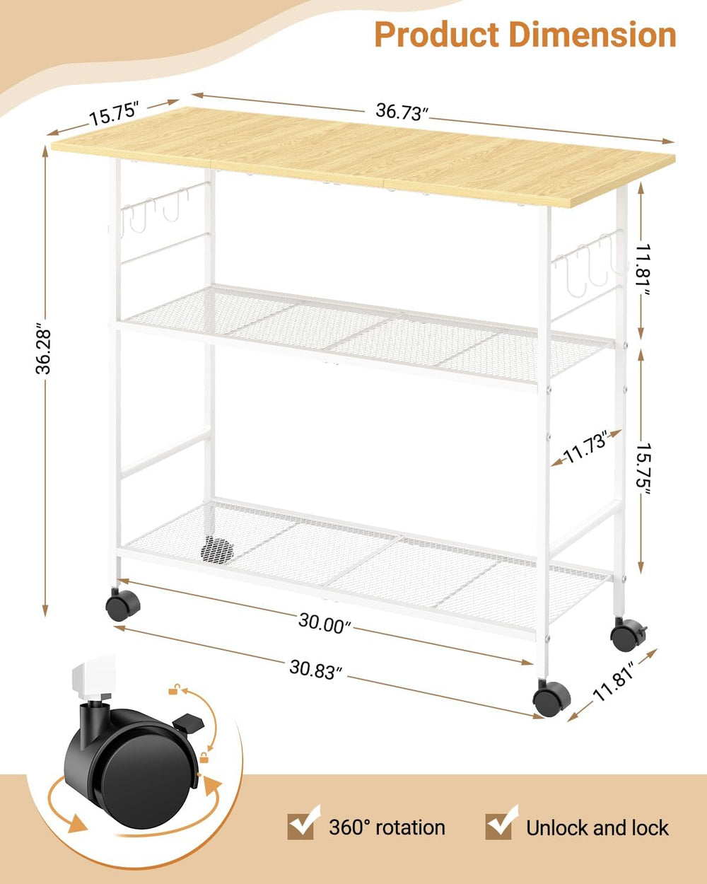 Kitchen Island with 3 Shelves, Rolling Kitchen Cart with 6 Hooks and Protecti...