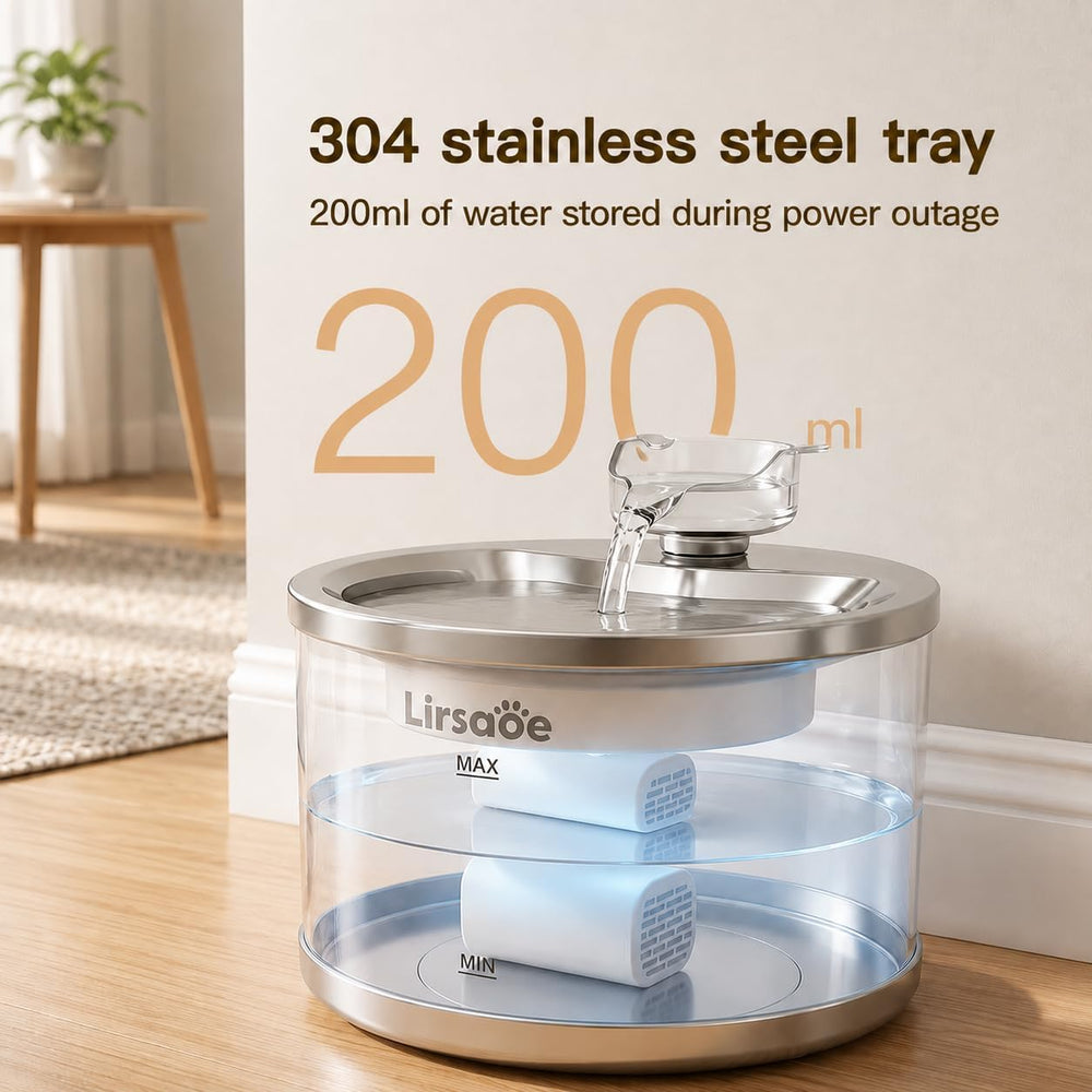 Glass Cat Water Fountain, 2 L, Stainless Steel Drinking Tray
