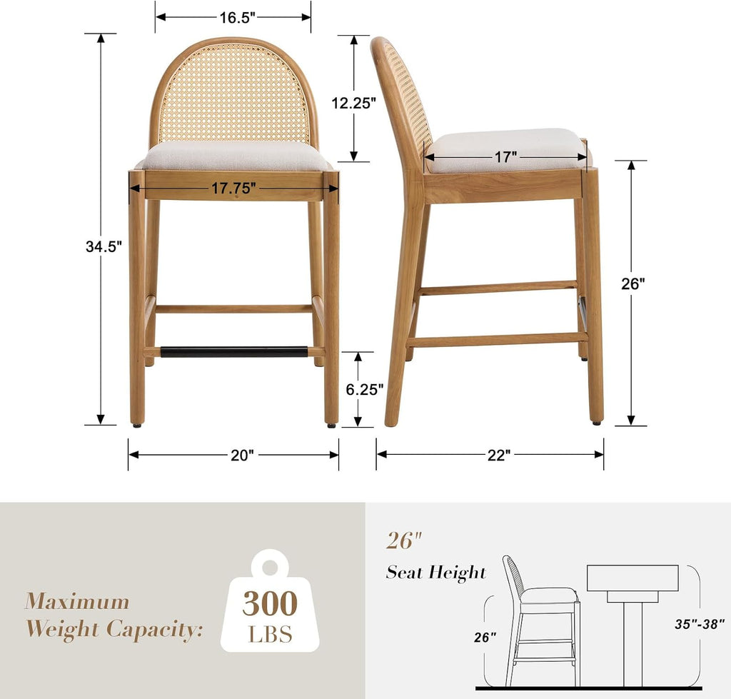 HEAH-YO Rattan Bar Stools Set of 2, 26 Inch Wood Counter Stools with Bakcrest, Linen Kitchen Stool for Island, Beige