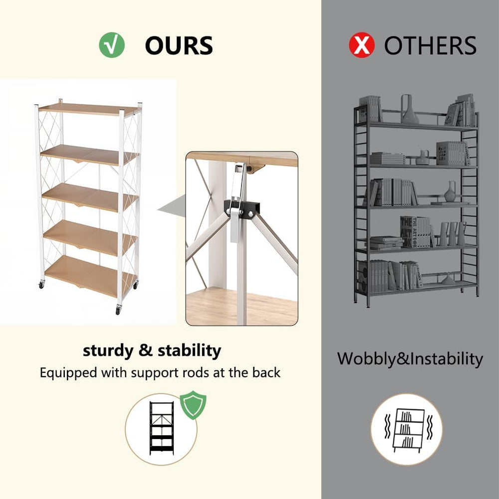 Hershii 5-Tier Foldable Storage Shelves with Wheels Heavy Duty Metal Shelf