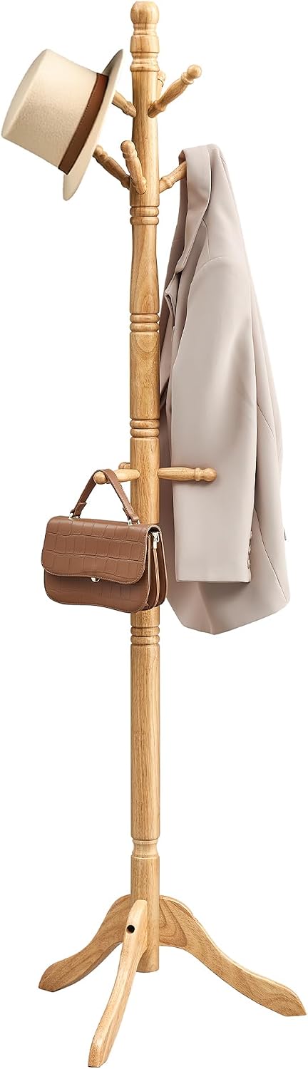 VASAGLE Freestanding Coat Rack, Rubber Wood Coat Tree with 9 Hooks