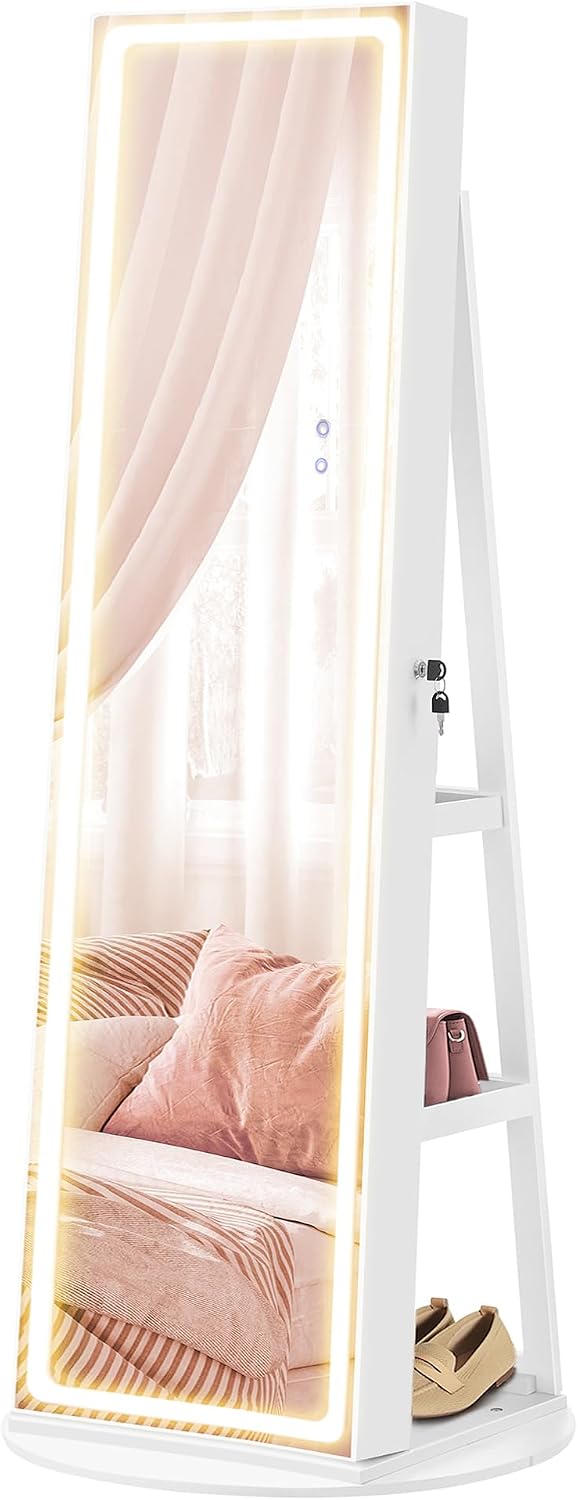 SONGMICS LED Mirror Jewelry Cabinet Standing, Adjustable Lights, Lockable