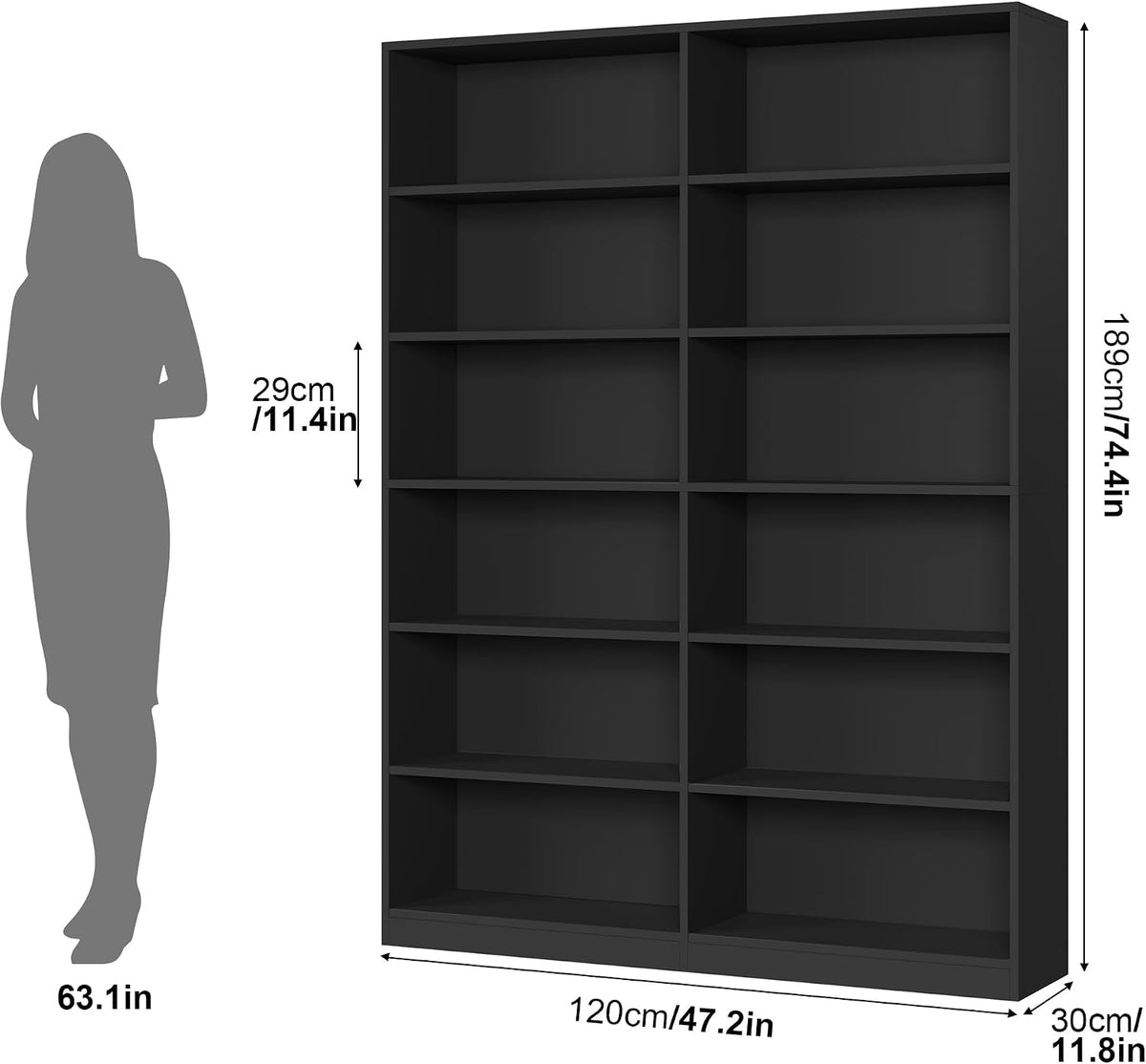facbotall bookshelf tall bookcase, 6-tier double wide bookshelves, close-up detail