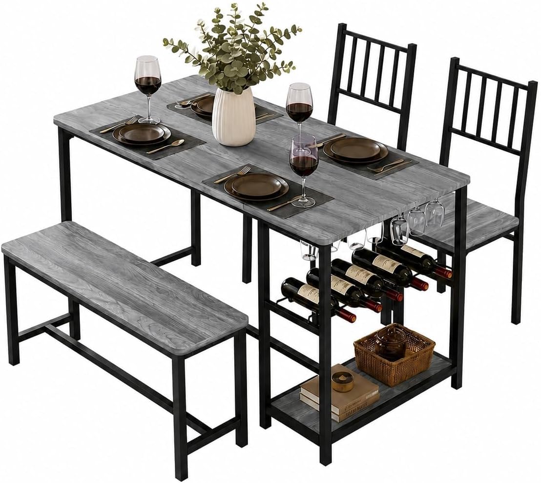 4 EVER WINNER 55-Inch Dining Table Set for 4 with Bench, Wine Rack, Grey | 4-Piece Kitchen Table Set with 2 Chairs, Bench, Stemware Holder and Storage Shelves for Small Spaces and Apartments