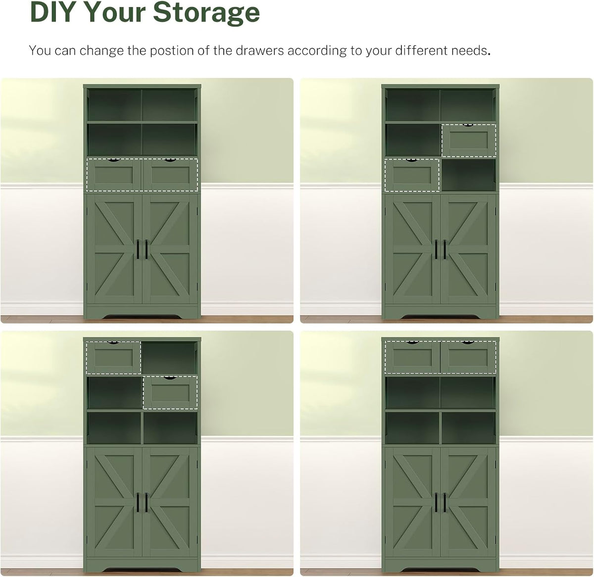 TEENFON Bathroom Cabinet with Adjustable Shelf & 2 Drawers, Farmhouse Storage Cabinet with 2 Doors, Kitchen Storage Cabinets for Living Room, Entryway, Home Office, Forest Green