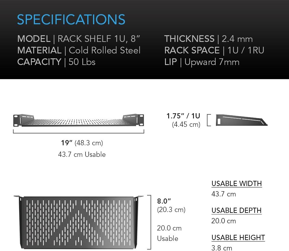 AC Infinity Vented Rack Shelf 1U, 8" Deep for 19" Server & AV R...