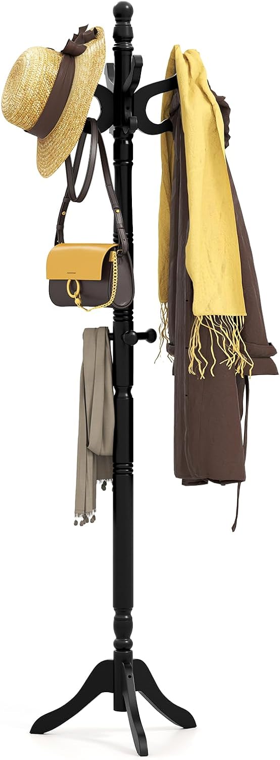 Tangkula Coat Rack Freestanding, Solid Rubber Wood Coat Tree with 11 Hooks an...