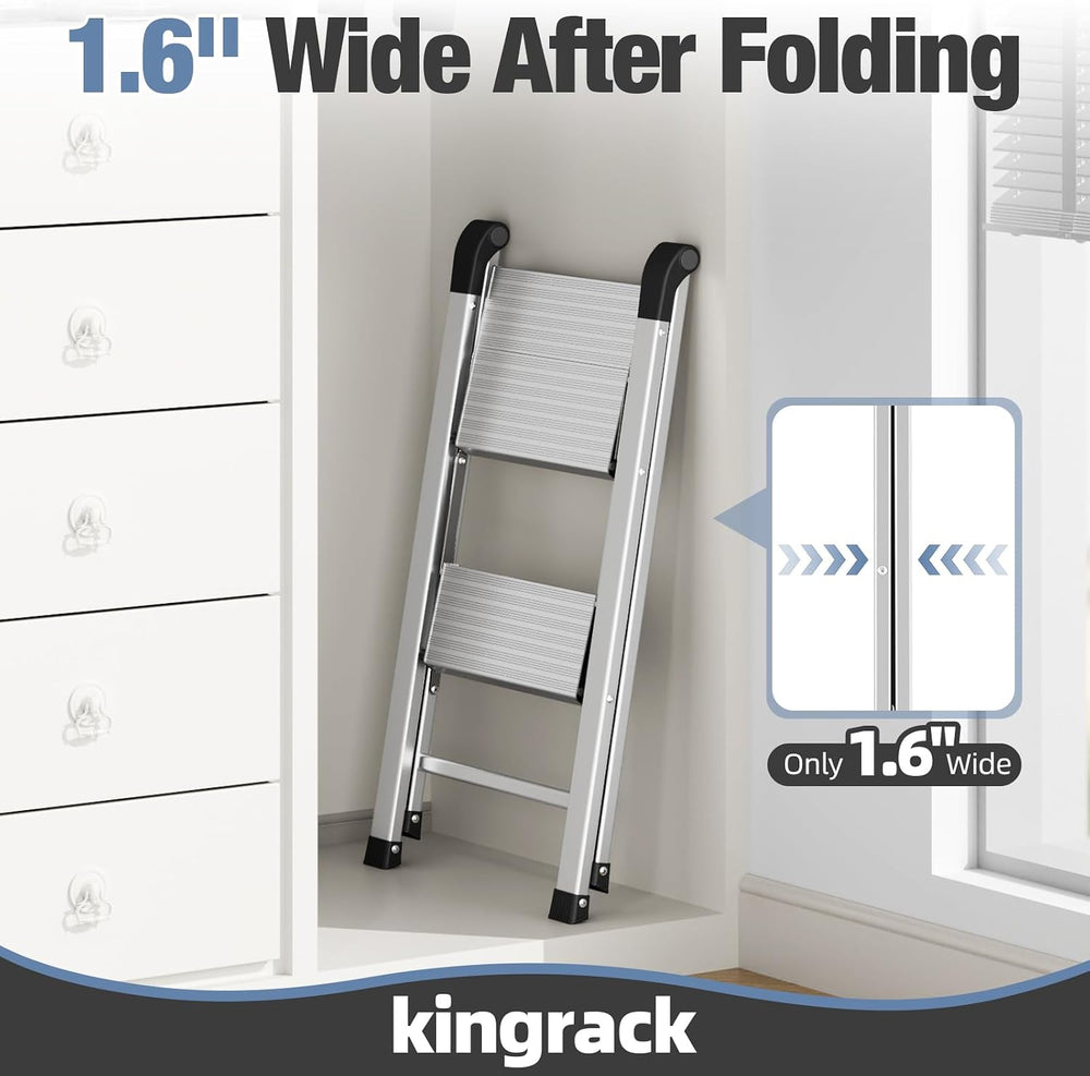 KINGRACK 2 Step Aluminum Step Ladders Foldable for Home, 330lb, Silver