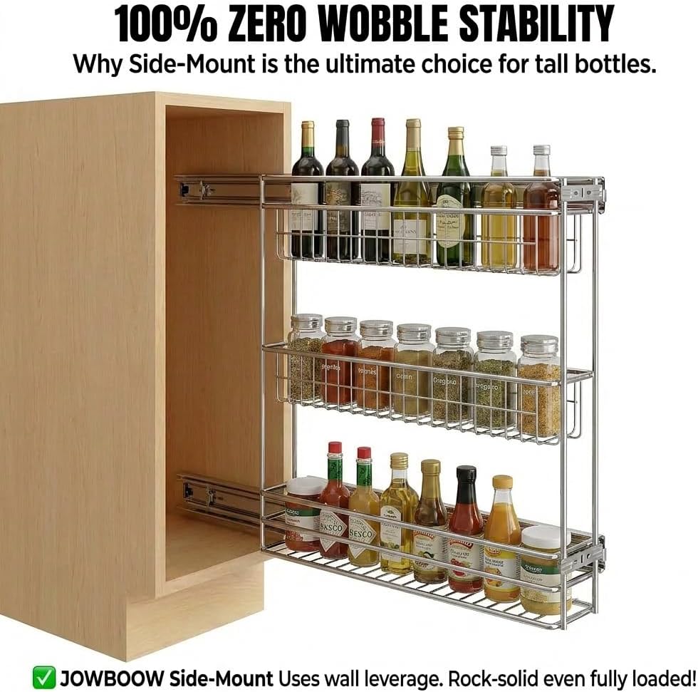 JOWBOOW Side Mount 3-Tier Pull Out Spice Rack, 4" W, Frameless Cabinet ONLY
