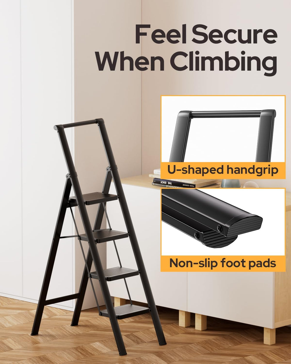 4 Step Ladder Folding Iron Step Stool Stepladders with Anti-Slip and Wide Ped...