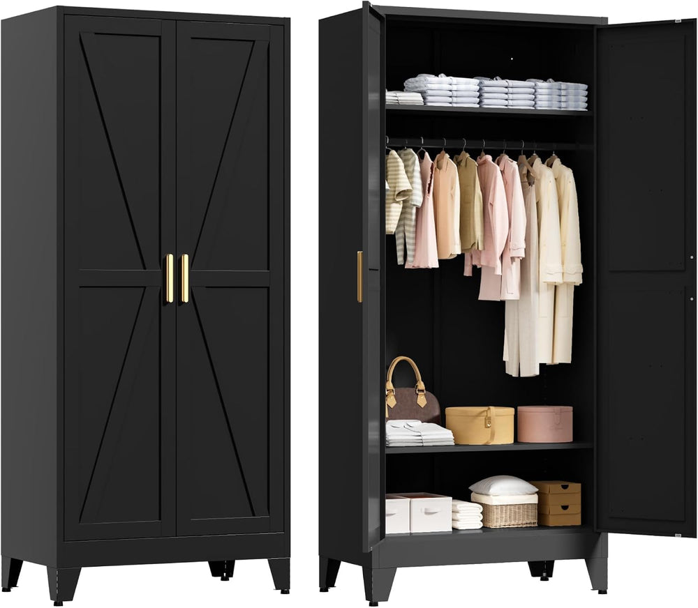 LCAOPC 71" Tall Metal Wardrobe Closet with Adjustable Shelves and Hangin...