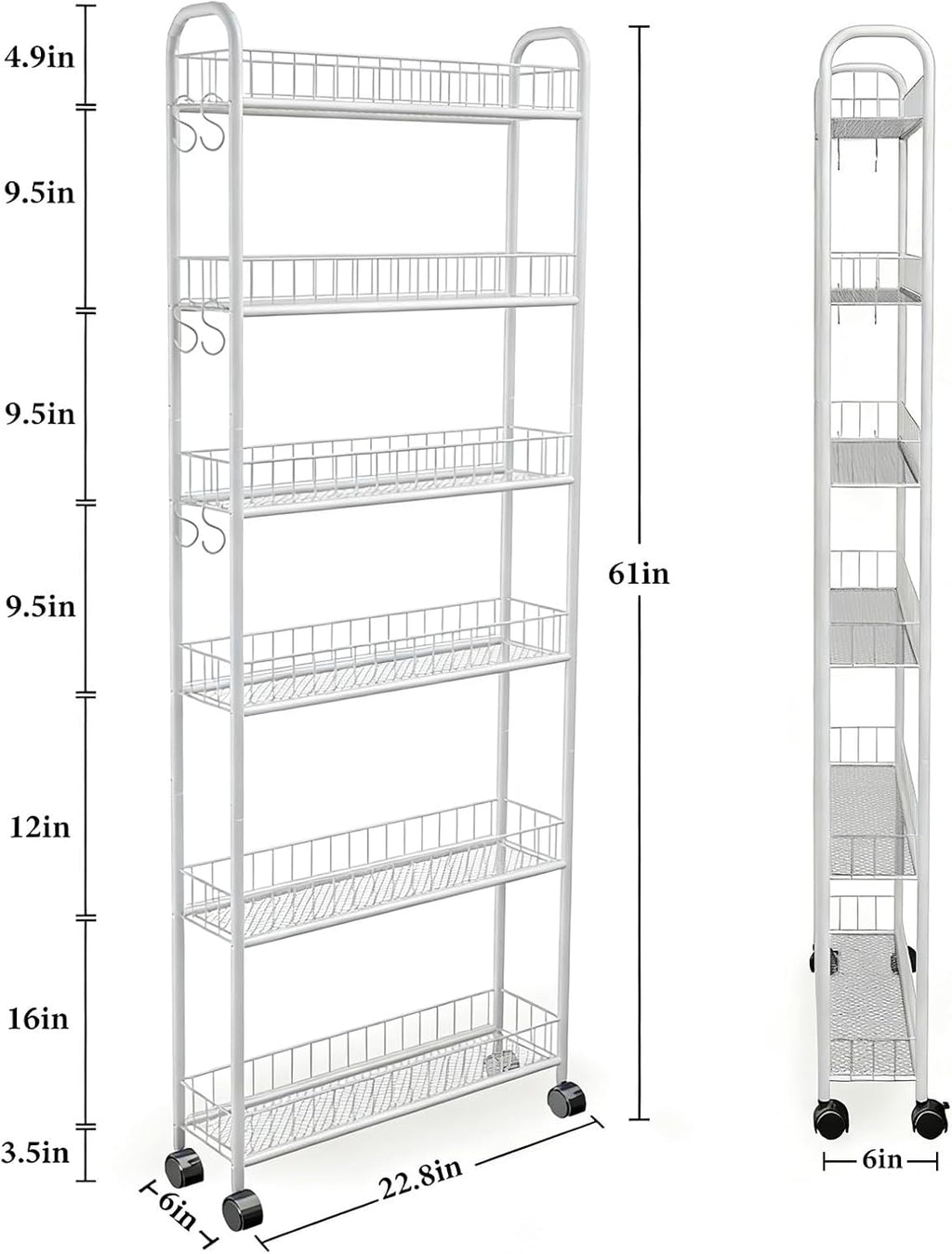 6in 6 Tier Slim Rolling Storage Cart with Wheels, White