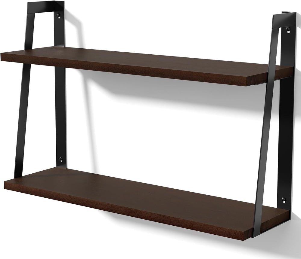 SRIWATANA Dark Walnut 2-Tier Floating Shelves, Wood Wall Storage Shelf Unit