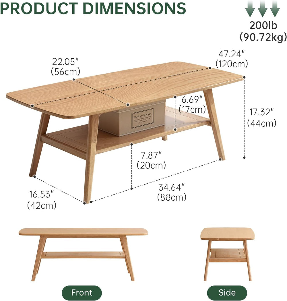 100% Solid Oak Coffee Table with Storage Shelf, 47.24" W