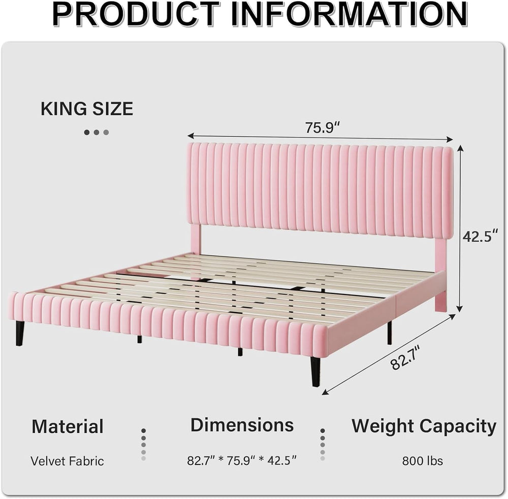 BarnFurin King Upholstered Bed Frame, Adjustable Headboard, Pink