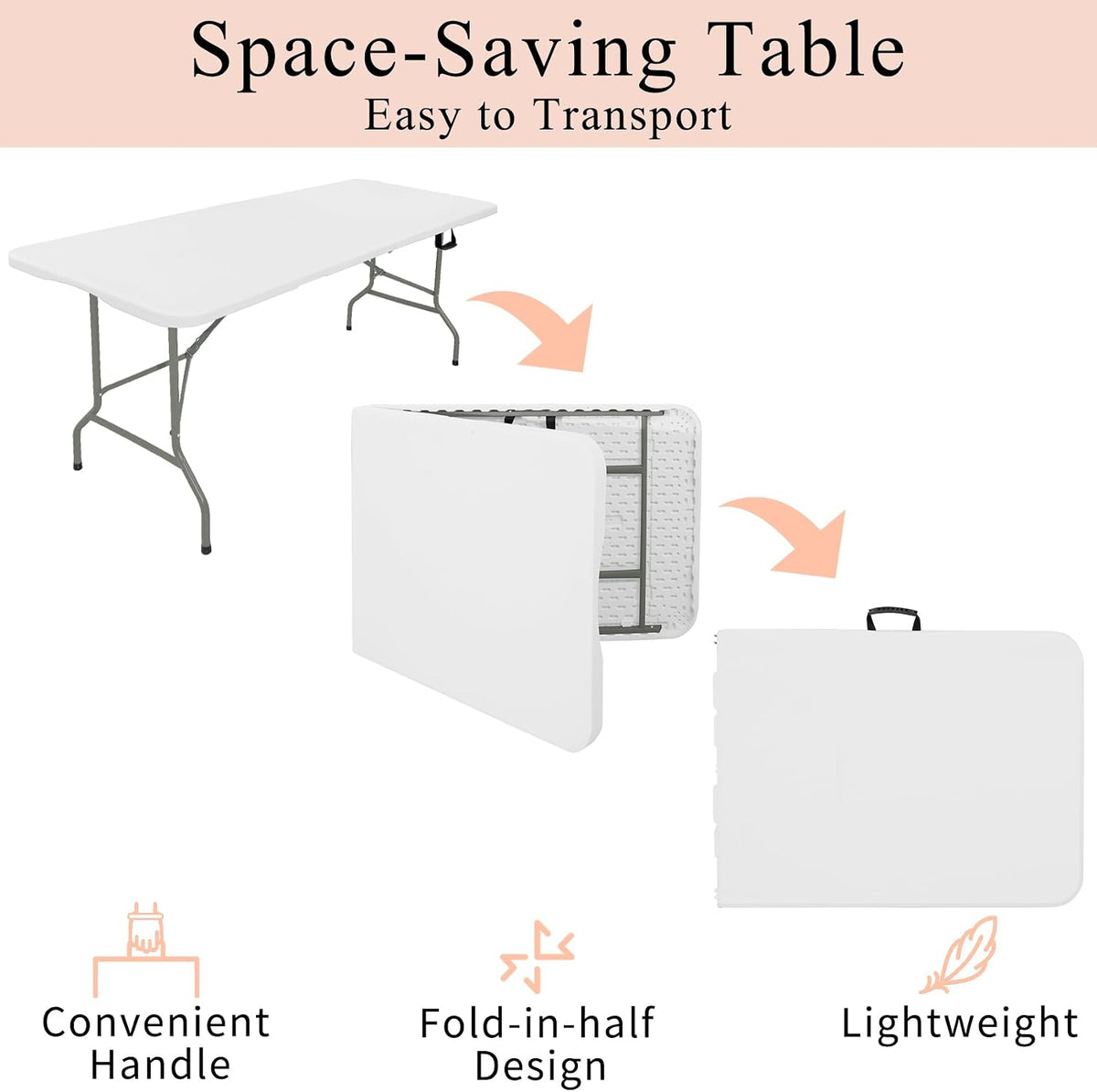 Set of 2 Folding Tables with Carrying Lightweight Rectangular Portable Plastic Camping Table Steel Legs for Party, Dining, Wedding, Events, Picnic, Outdoor (5FT, White)