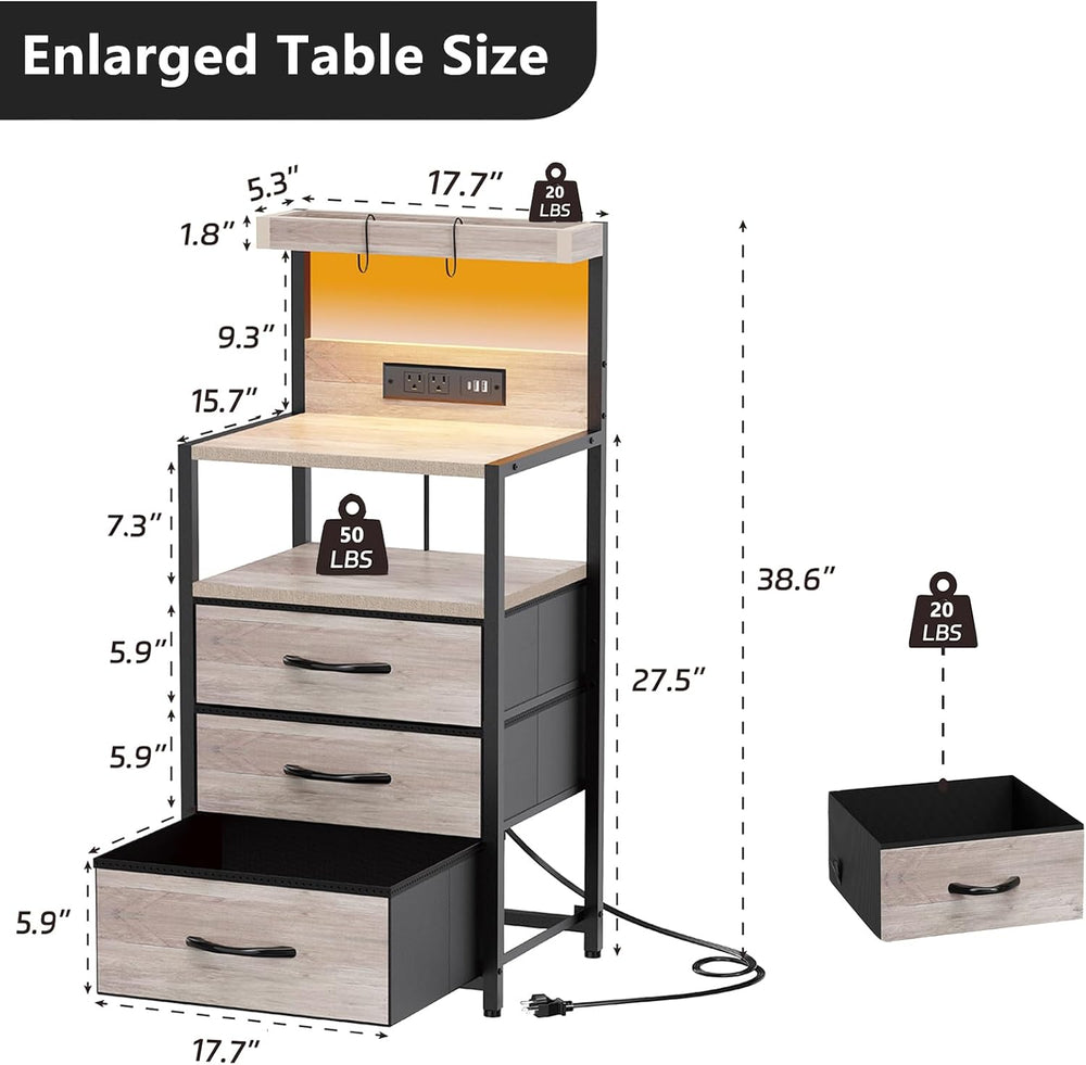 SZLHANJZ Nightstand Set of 2, with Charging Station, 3 Fabric Drawers
