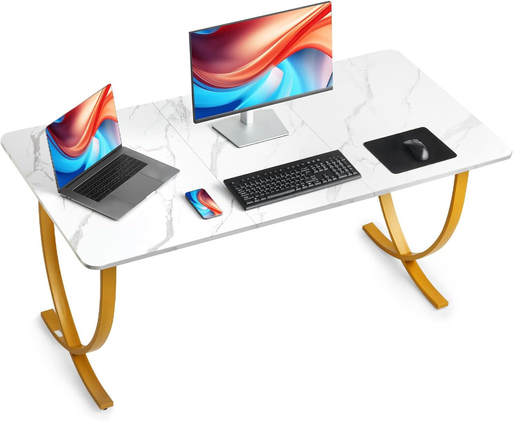 VEVOR Executive Desk, 63" W x 31.5" D Large Office Desk, Modern Computer Table Conference Meeting Room Table, Business Furniture Enlarged Desktop for Home Office, White and Gold