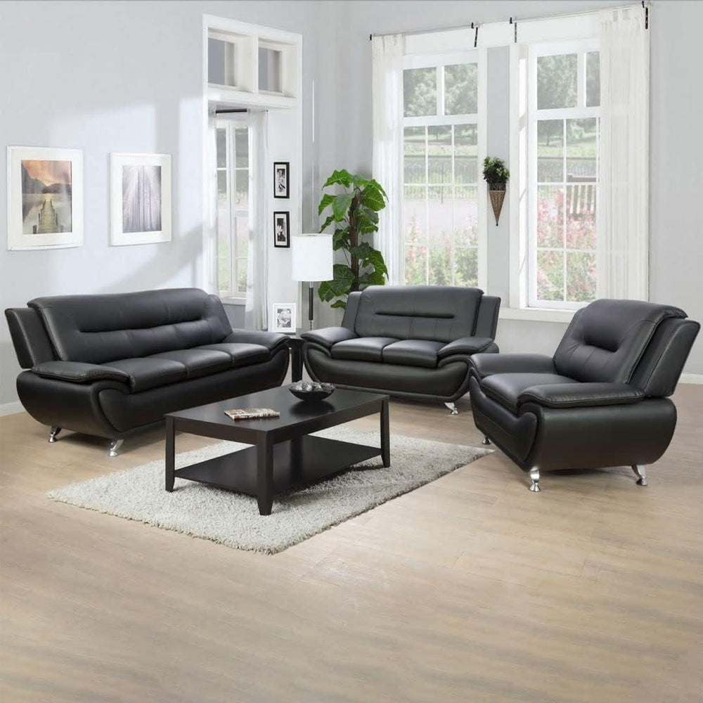 3 Pieces Living Room Sofa Set, Faux Leather Sofa Loveseat Armchair Set, Moder...