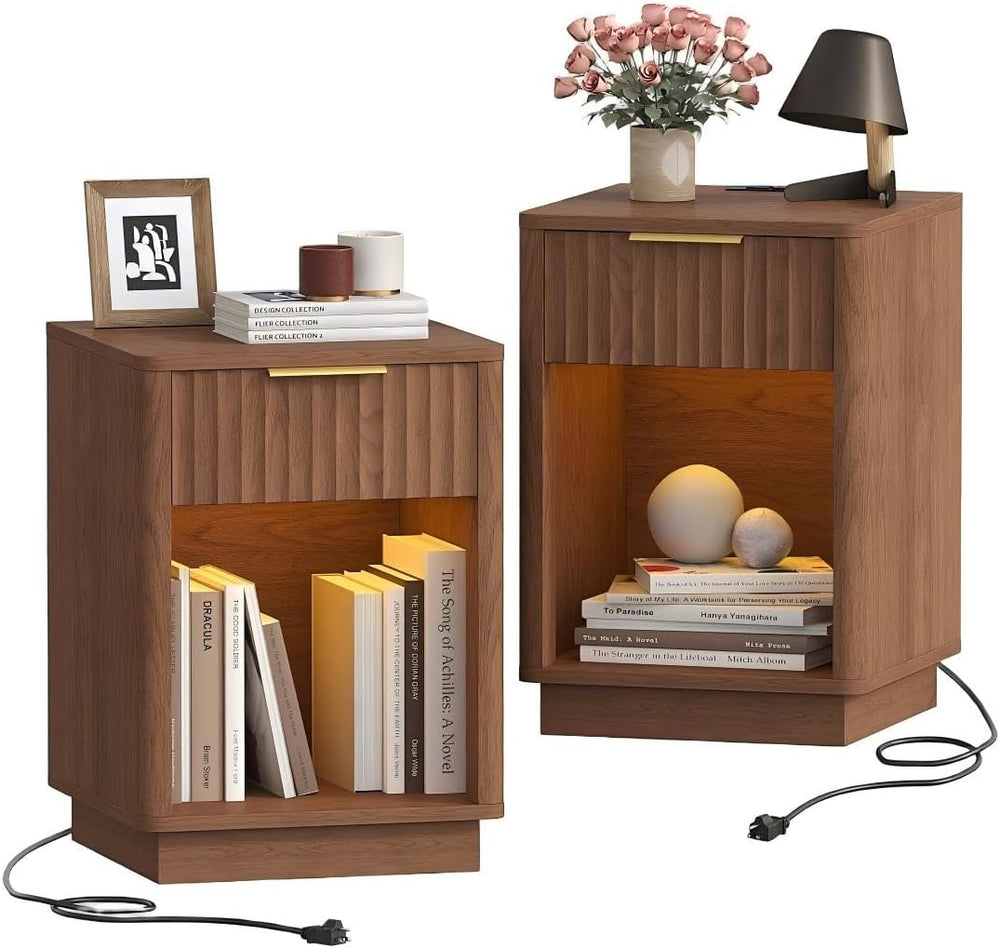 Akxomel Fluted Nightstand Set 2 Bedside Table with Charging Station Walnut